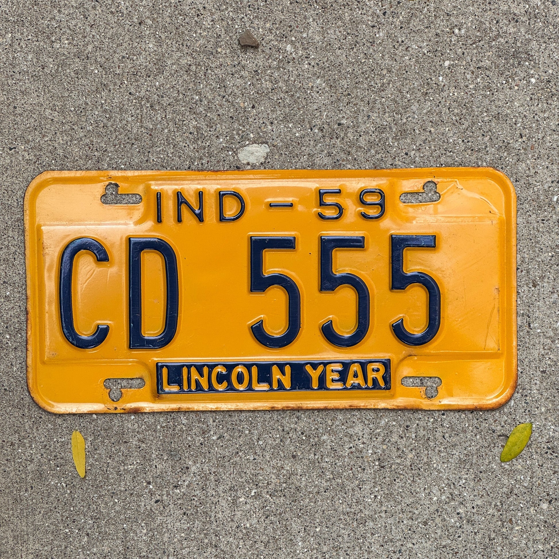 Photo of a 1959 Indiana License Plate Auto Tag Garage Decor Vintage Repeat Repeating CD 555 with original patina