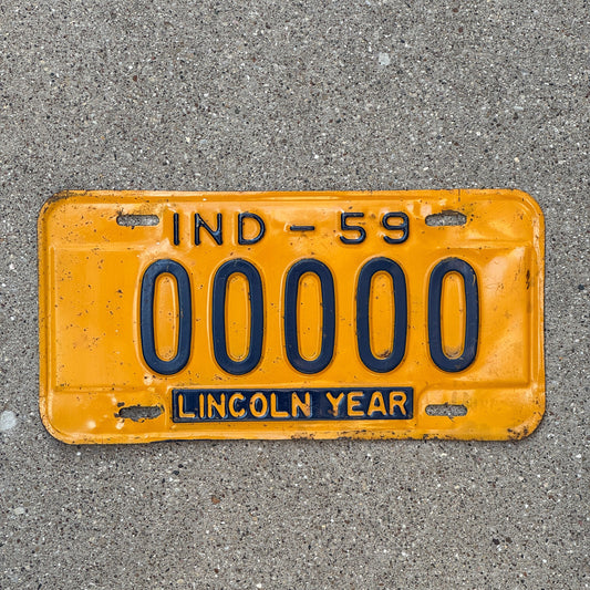 Photo of a 1959 Indiana Sample License Plate Auto Tag Garage Decor Vintage 00000 with original patina