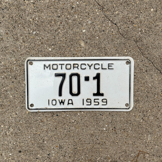 Photo of a 1959 Iowa Motorcycle License Plate Auto Tag Garage Decor Vintage Low Number Single Digit Muscatine County 70 1 with original patina