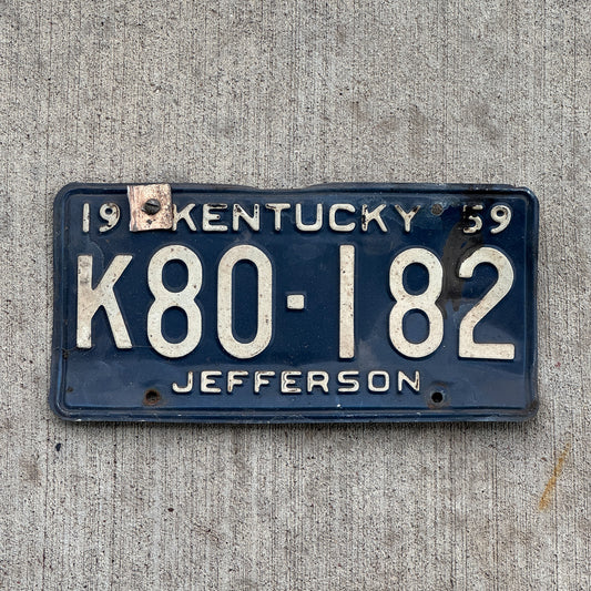 Photo of a 1959 Kentucky License Plate Auto Tag Garage Decor Vintage Jefferson County K80 182 with original patina