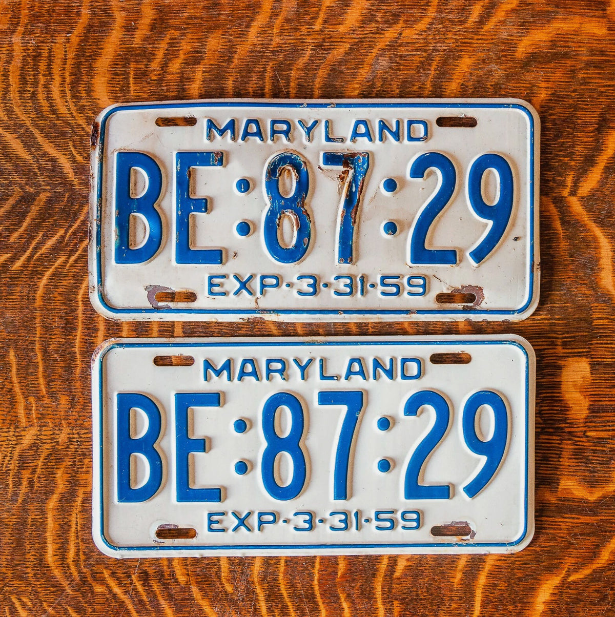 1959 Maryland License Plate Pair Auto Tag BE 87 29