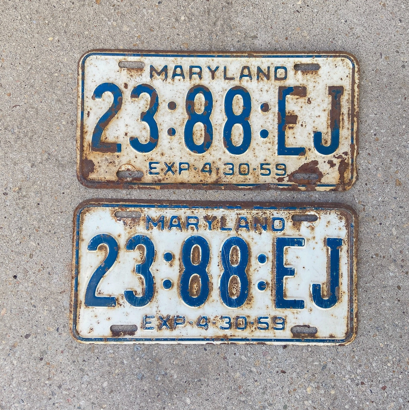 Photo of a 1959 Maryland Truck License Plate Pair Auto Tag Garage Decor Vintage 23 88 EJ with original patina