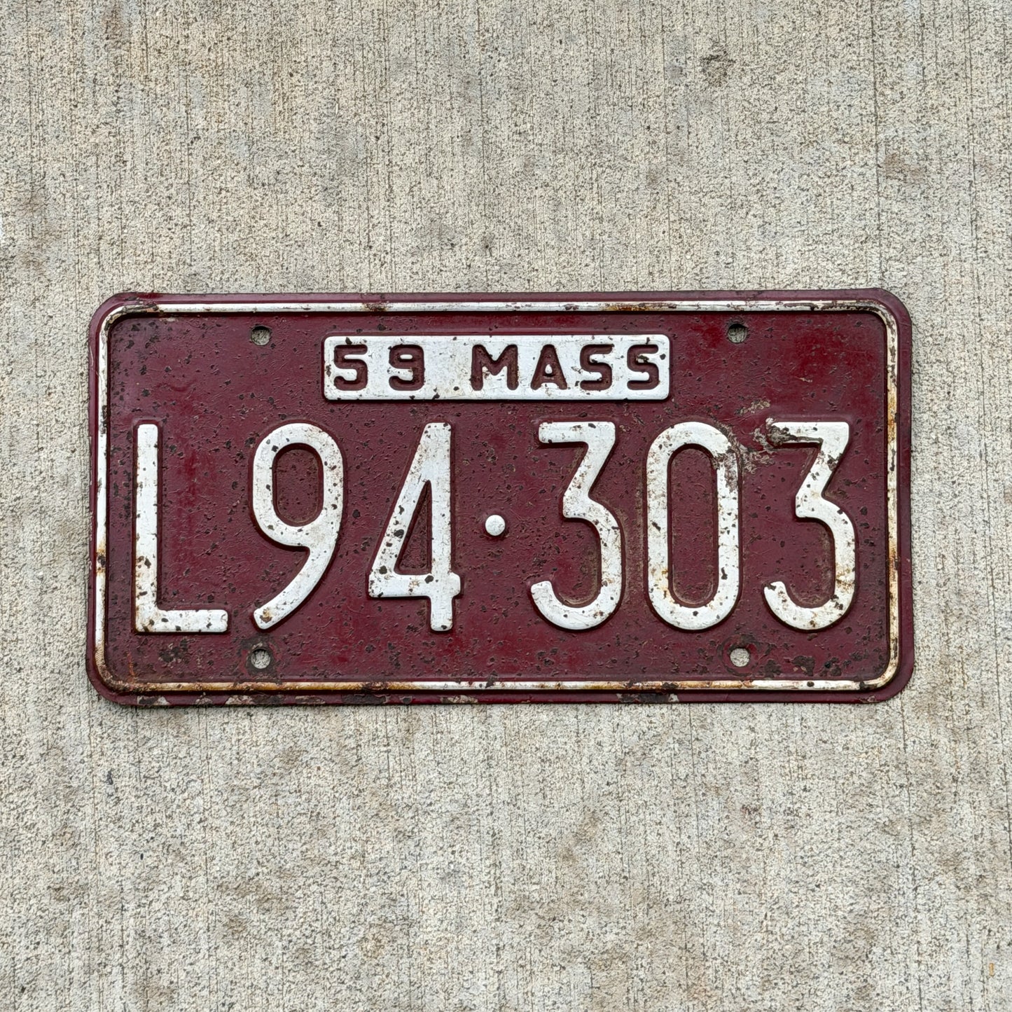 Photo of a 1959 Massachusetts License Plate Auto Tag Garage Decor Vintage L94 303 with original patina