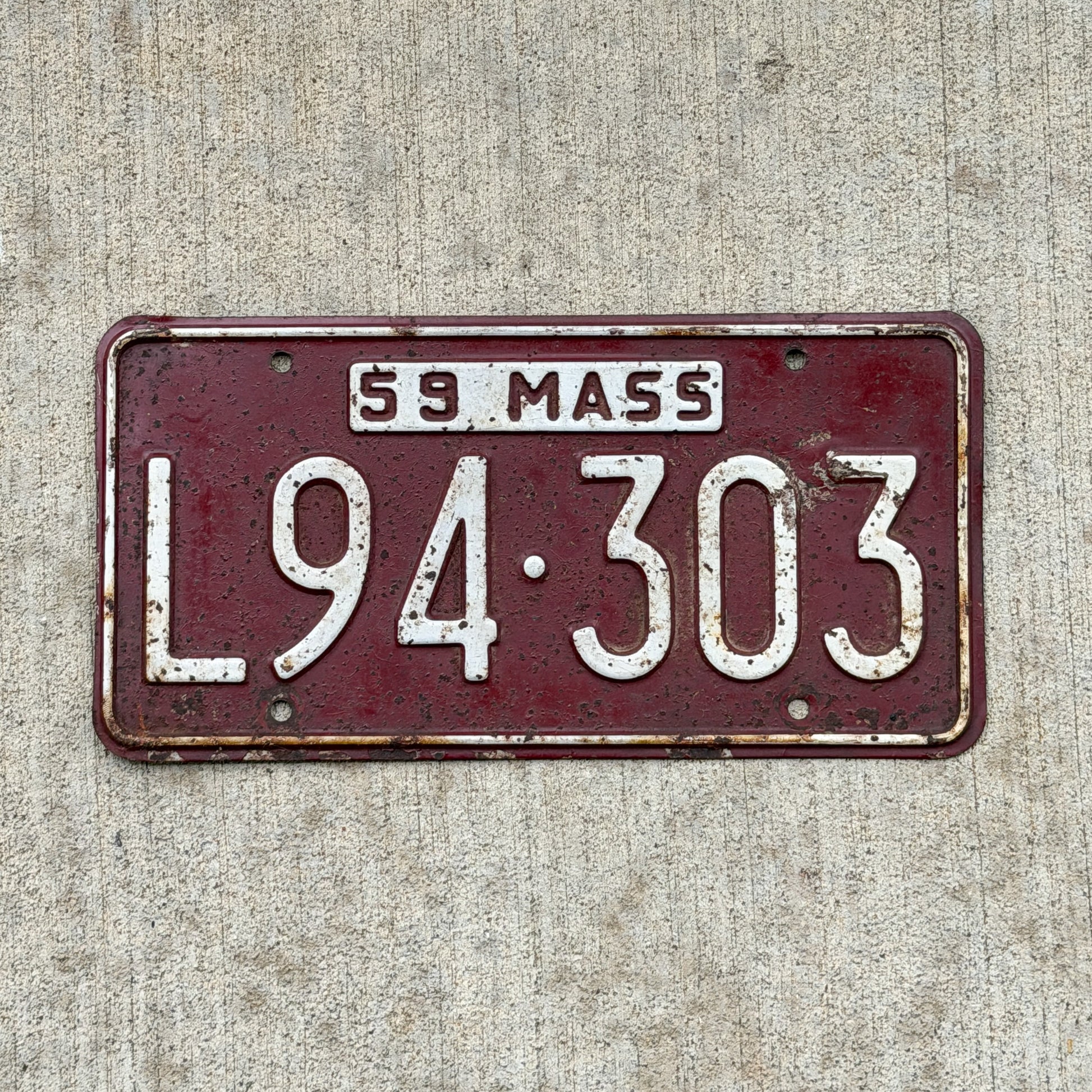Photo of a 1959 Massachusetts License Plate Auto Tag Garage Decor Vintage L94 303 with original patina