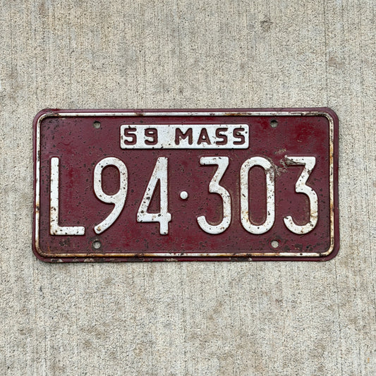 Photo of a 1959 Massachusetts License Plate Auto Tag Garage Decor Vintage L94 303 with original patina