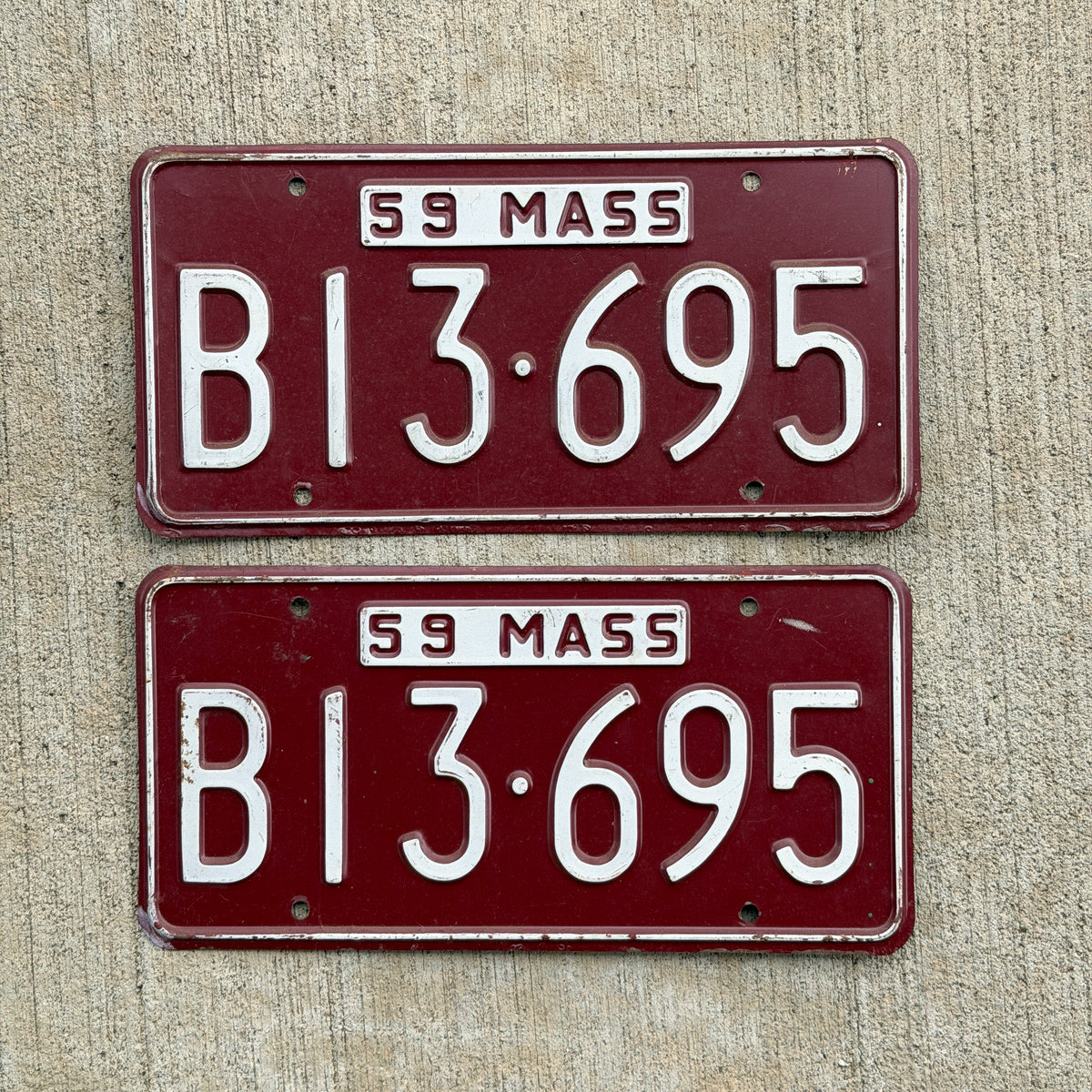 Photo of a 1959 Massachusetts License Plate Pair Auto Tag Garage Decor Vintage B 13695 with original patina