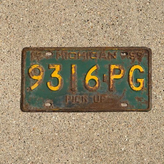 Photo of a 1959 Michigan Truck License Plate Auto Tag Garage Decor Vintage Pickup 9316 PG with original patina