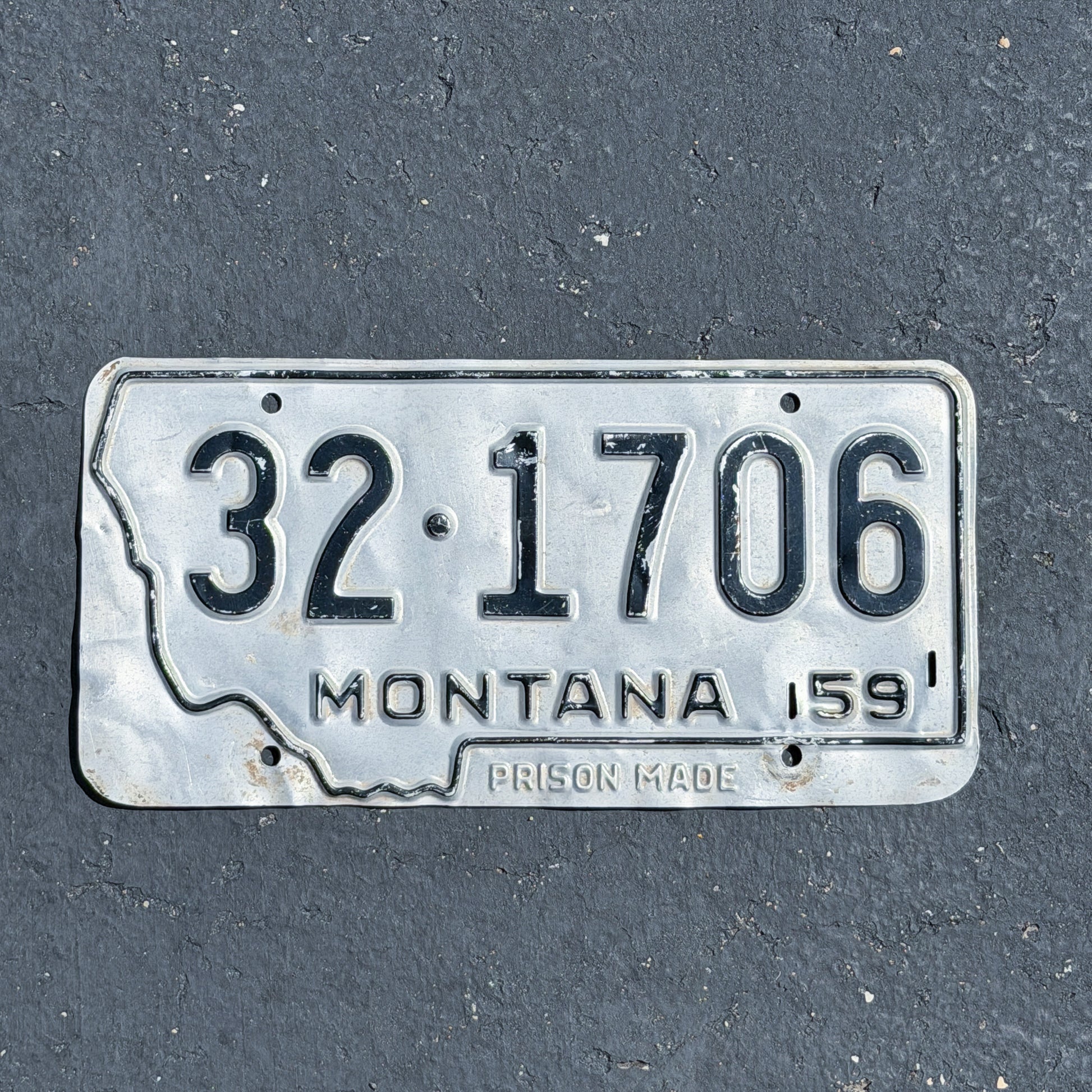 Photo of a 1959 Montana License Plate Auto Tag Garage Decor Vintage Prison Made State Shape 32 1706 with original patina