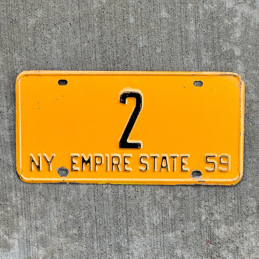 Photo of a 1959 New York Lt. Governor License Plate Auto Tag Garage Decor Vintage Malcolm Wilson Low Number Single Digit 2 with original patina