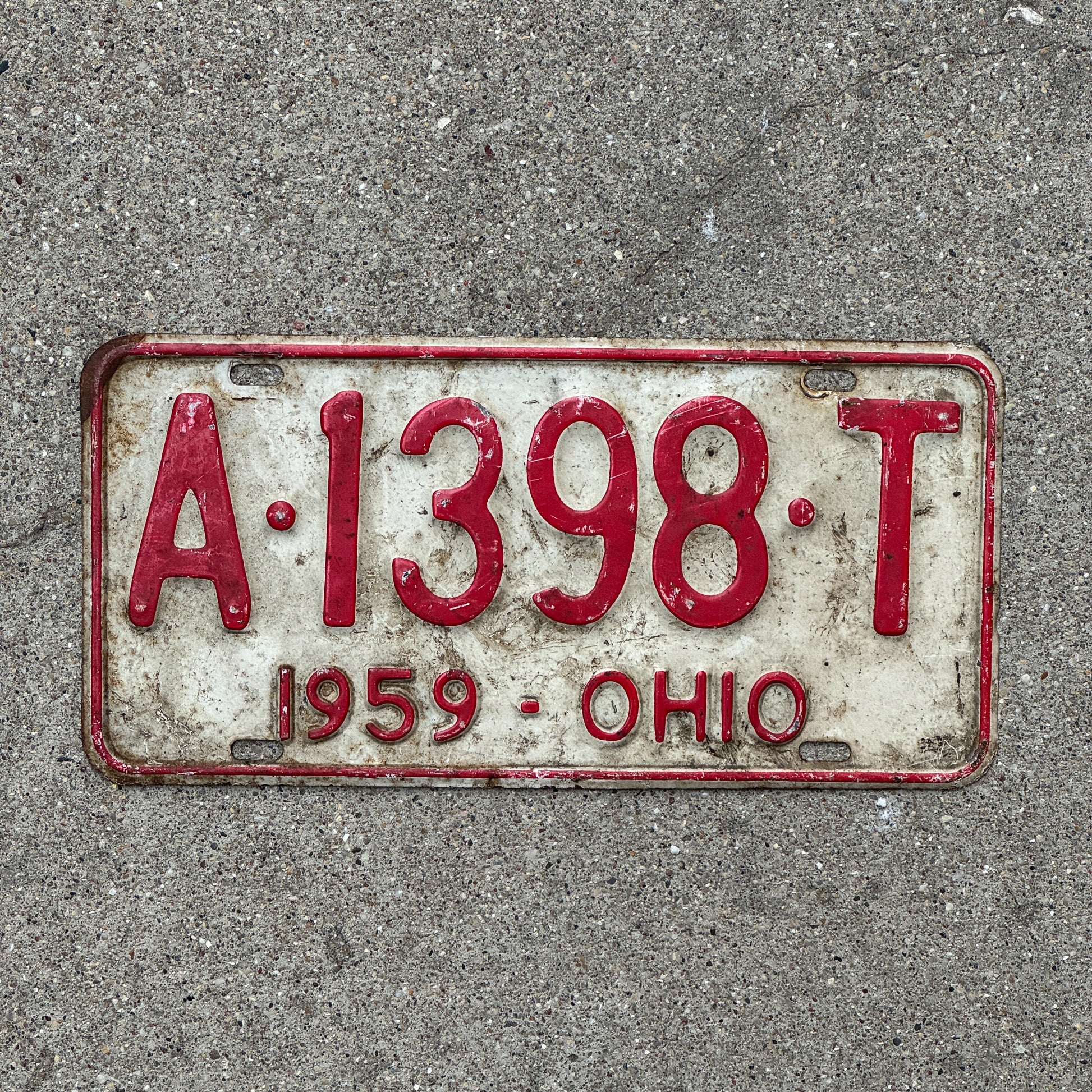 Photo of a 1959 Ohio License Plate Auto Tag Garage Decor Vintage A 1398 T with original patina