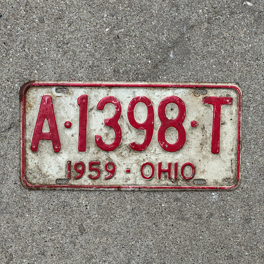 Photo of a 1959 Ohio License Plate Auto Tag Garage Decor Vintage A 1398 T with original patina