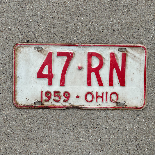 Photo of a 1959 Ohio License Plate Auto Tag Garage Decor Vintage Nurse Gift 47 RN with original patina