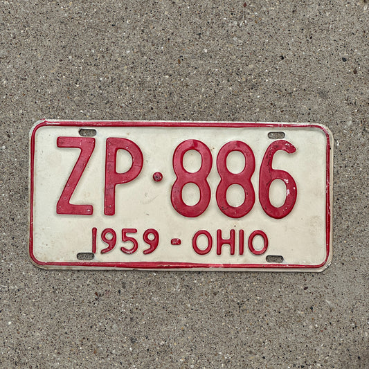 Photo of a 1959 Ohio License Plate Auto Tag Garage Decor Vintage ZP 886 with original patina