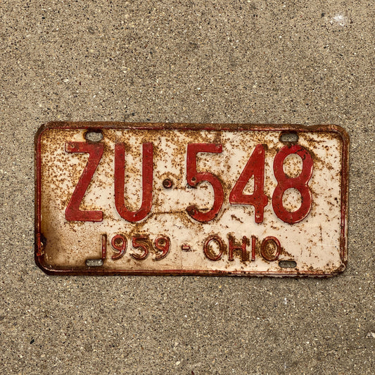 Photo of a 1959 Ohio License Plate Auto Tag Garage Decor Vintage ZU 548 with original patina