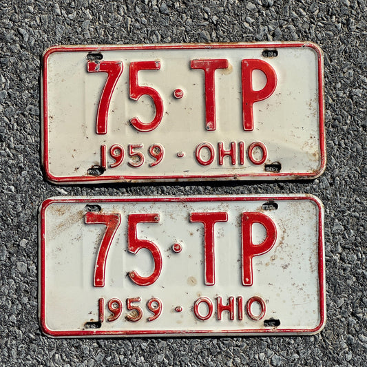 Photo of a 1959 Ohio License Plate Pair Auto Tag Garage Decor Vintage 75 TP