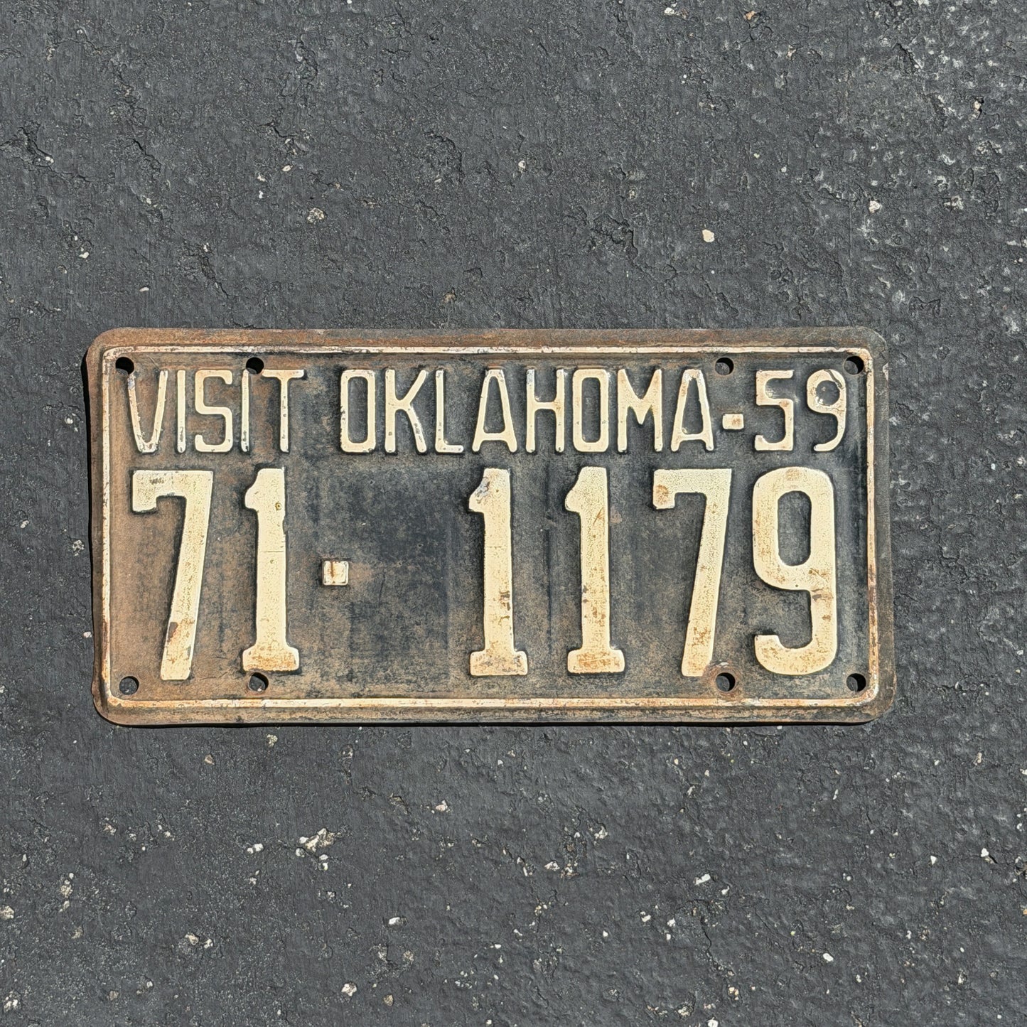 Photo of a 1959 Oklahoma License Plate Auto Tag Garage Decor Vintage Repeat Repeating 71 1179 with original patina