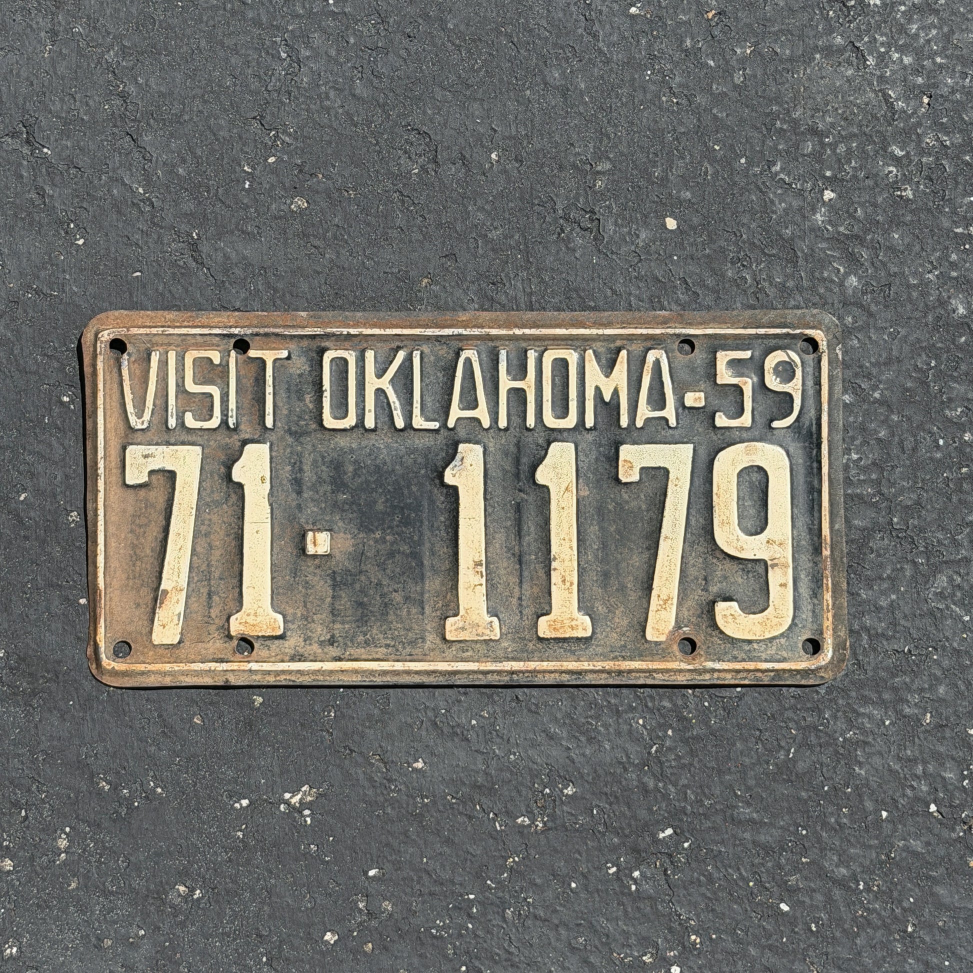 Photo of a 1959 Oklahoma License Plate Auto Tag Garage Decor Vintage Repeat Repeating 71 1179 with original patina