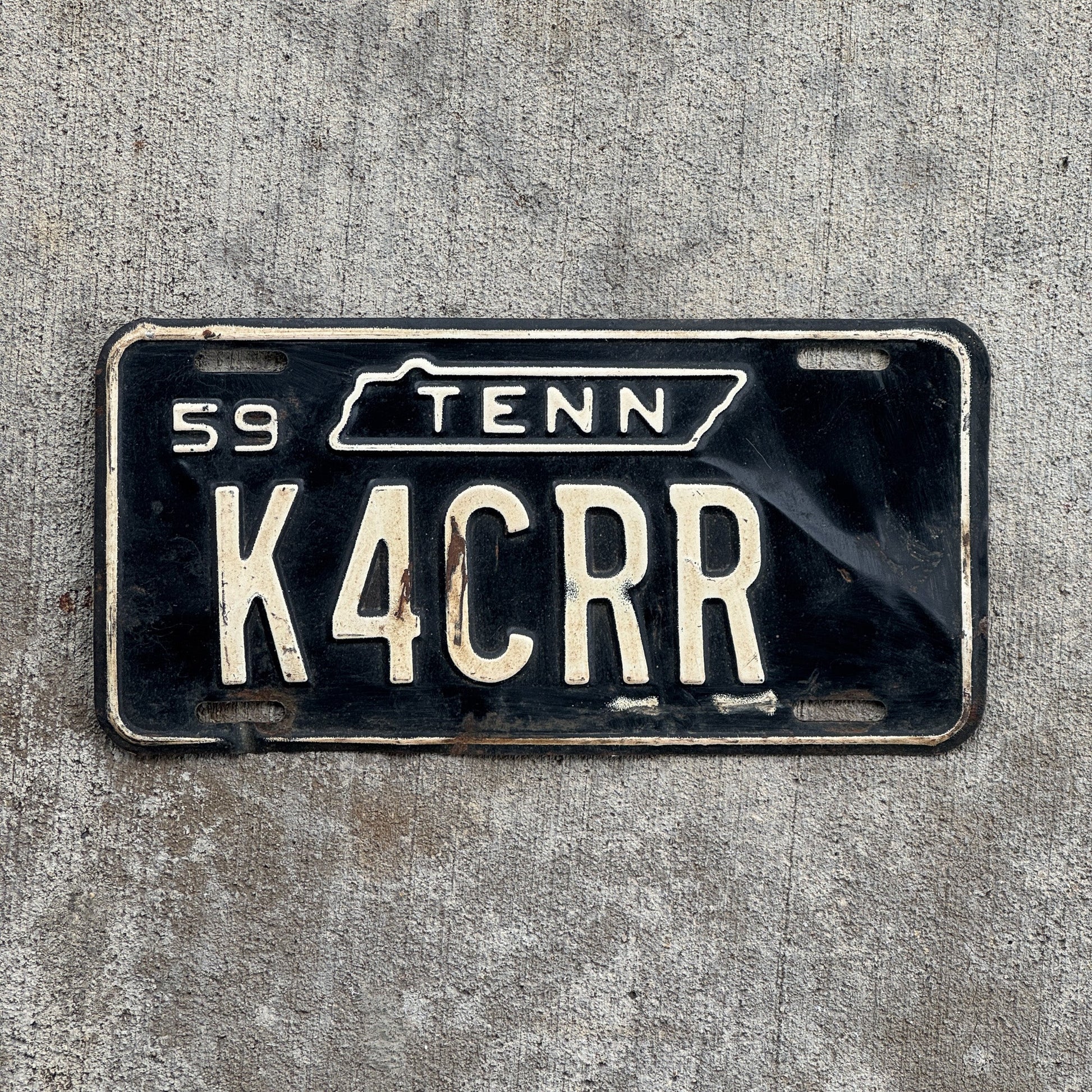 Photo of a 1959 Tennessee HAM Radio License Plate Auto Tag 1 Garage Decor K4CRR with original patina