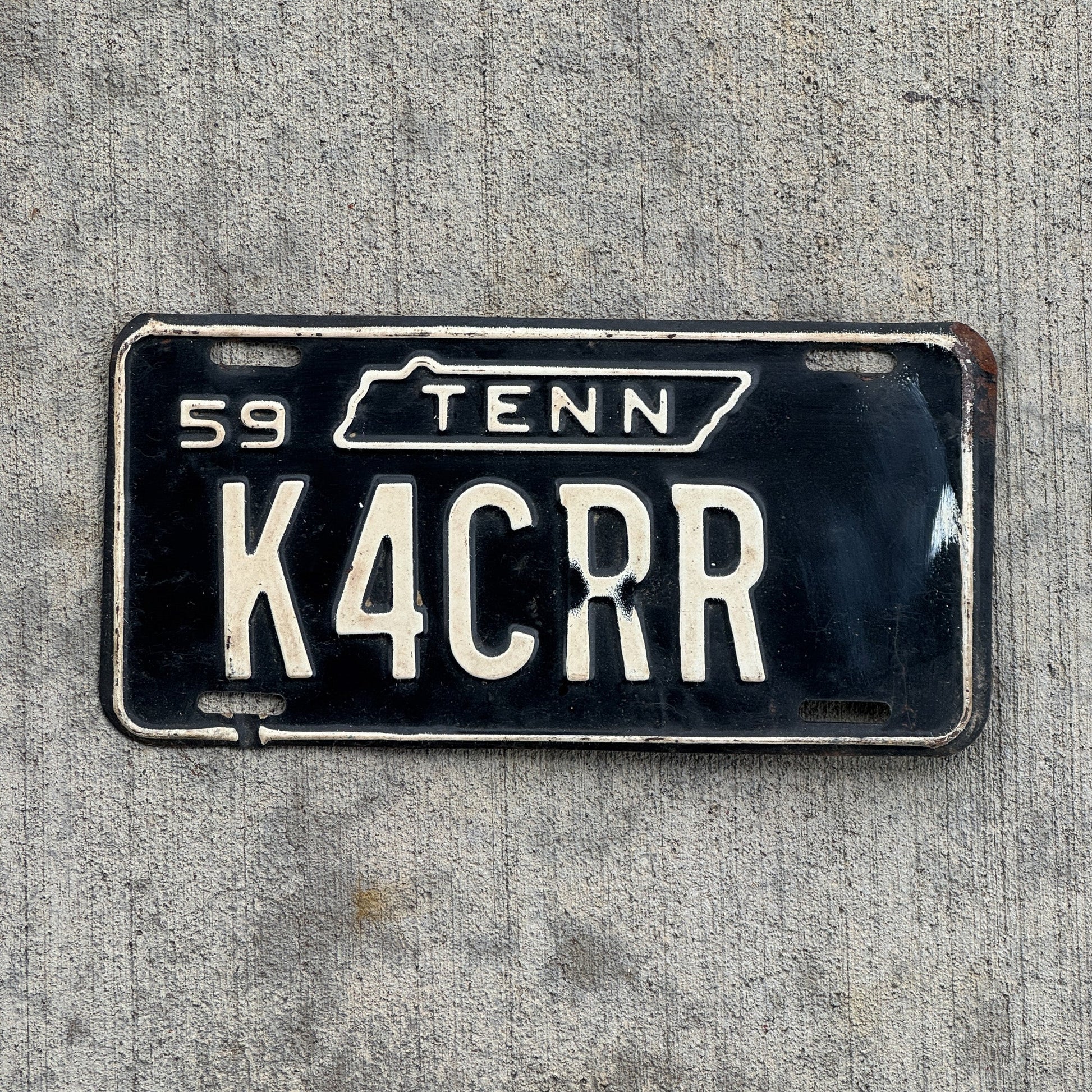 Photo of a 1959 Tennessee HAM Radio License Plate Auto Tag 2 Garage Decor K4CRR with original patina