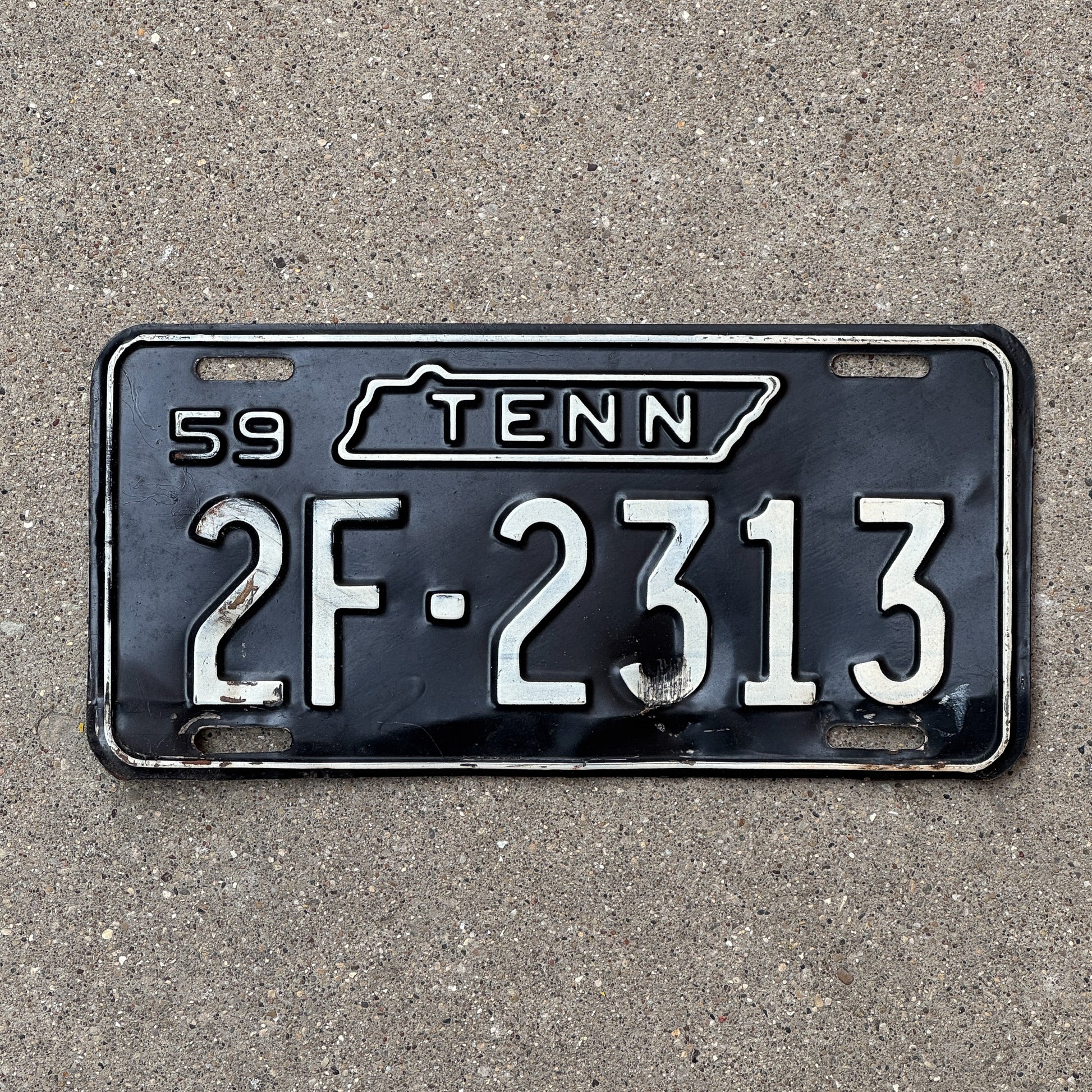 Photo of a 1959 Tennessee License Plate Auto Tag Garage Decor Vintage 2F 2313 with original patina