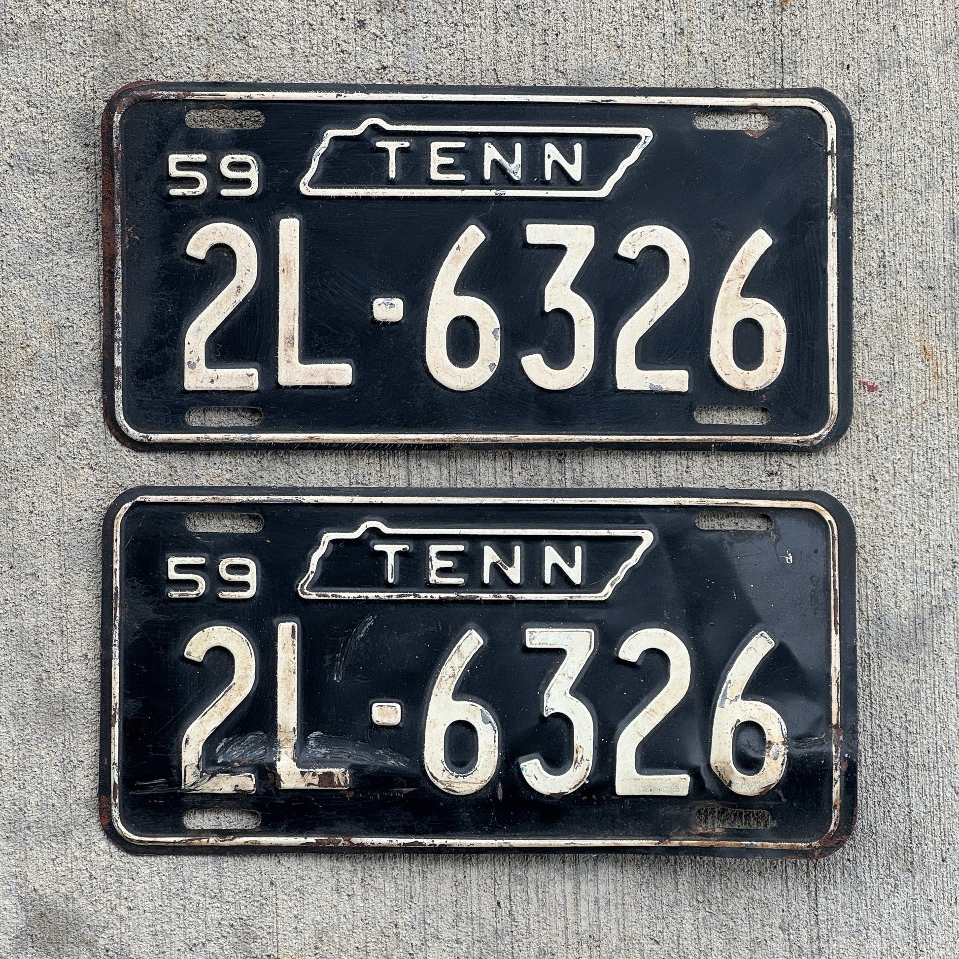 Photo of a 1959 Tennessee License Plate Pair Auto Tag Garage Decor Vintage 2L 6326 with original patina