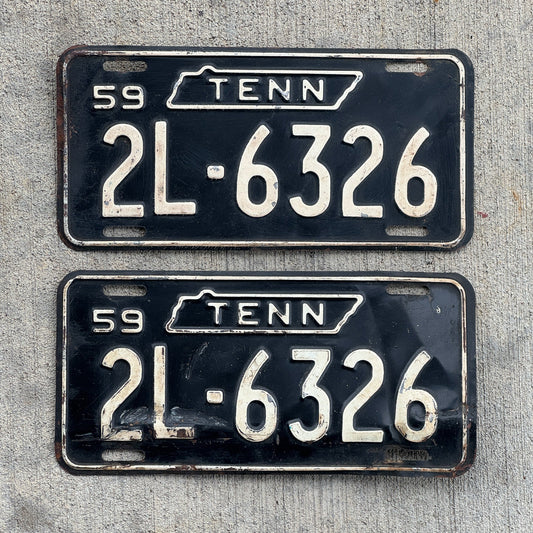 Photo of a 1959 Tennessee License Plate Pair Auto Tag Garage Decor Vintage 2L 6326 with original patina