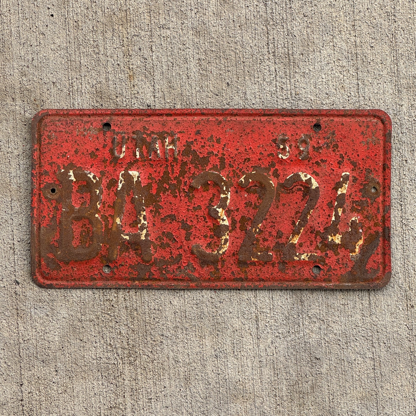Photo of a 1959 Utah License Plate Auto Tag Garage Decor Vintage BA 3224 with original patina