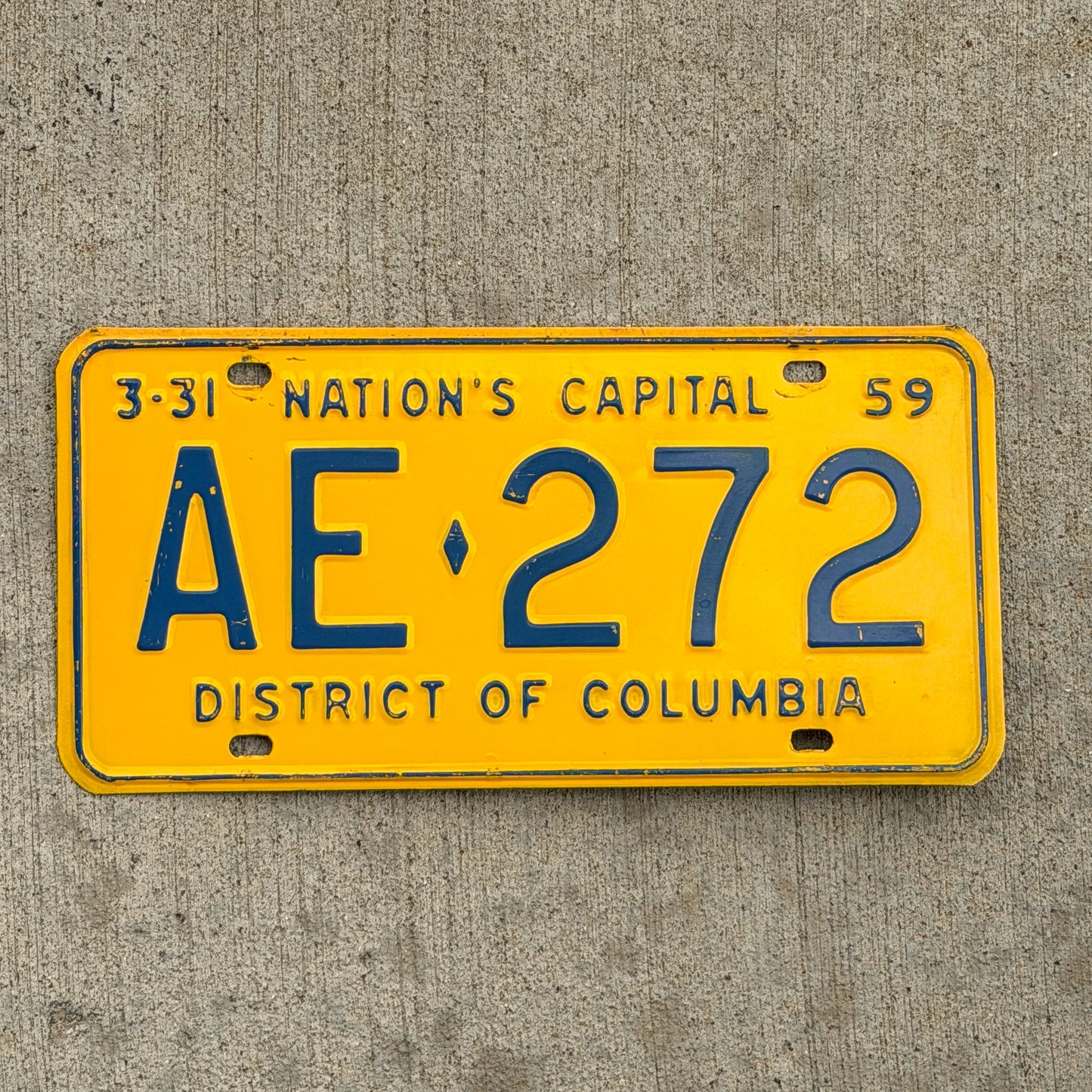 Photo of a 1959 Washington DC License Plate Auto Tag Garage Decor Vintage AE 272 with original patina