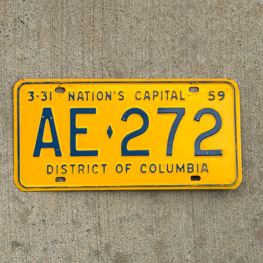 Photo of a 1959 Washington DC License Plate Auto Tag Garage Decor Vintage AE 272 with original patina