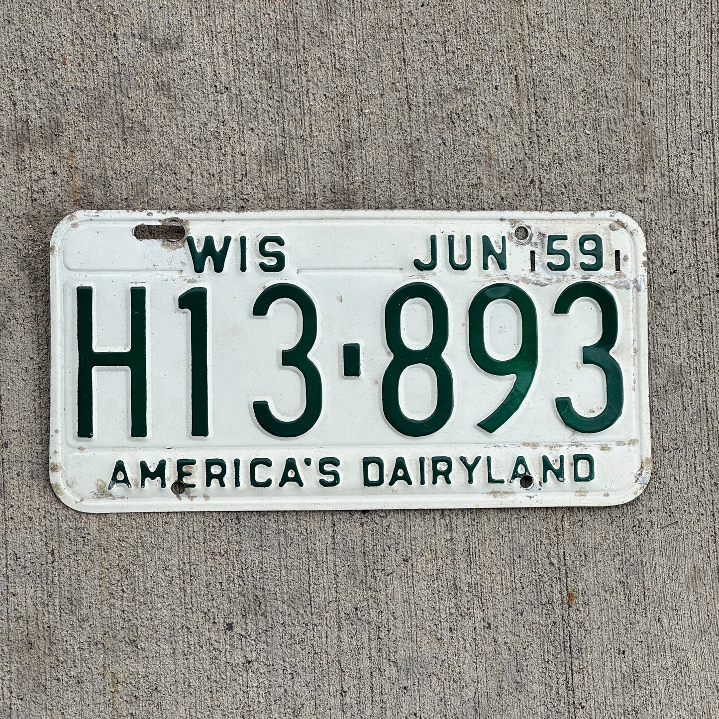 Photo of a 1959 Wisconsin License Plate Auto Tag Garage Decor Vintage H13 893 with original patina