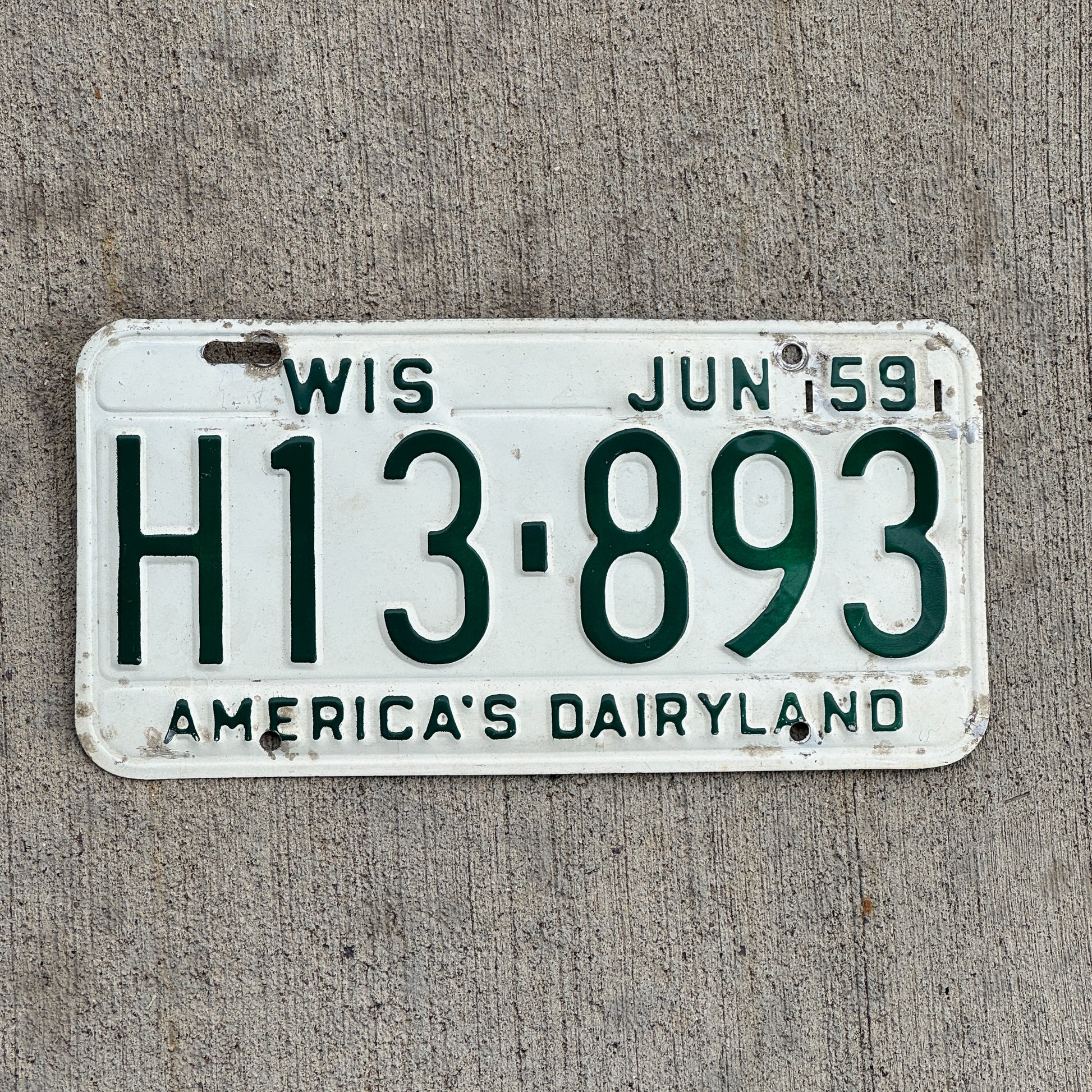 Photo of a 1959 Wisconsin License Plate Auto Tag Garage Decor Vintage H13 893 with original patina
