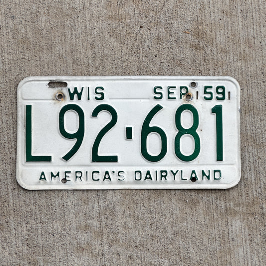 Photo of a 1959 Wisconsin License Plate Auto Tag Garage Decor Vintage L92 681 with original patina