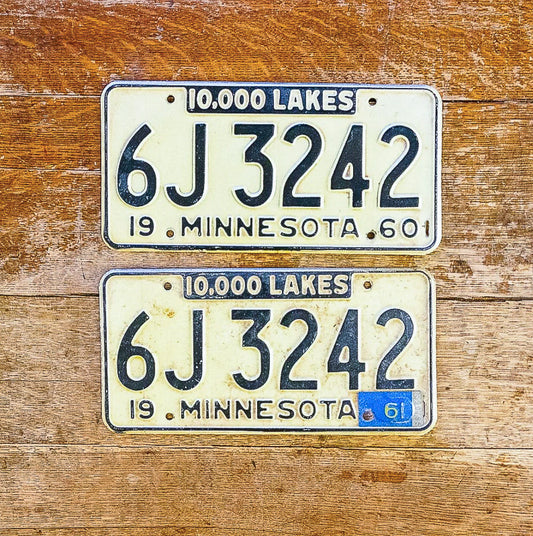 Photo of a 1960 1961 Minnesota License Plate Pair Auto Tag Garage Decor Vintage 6J 3242 with original patina