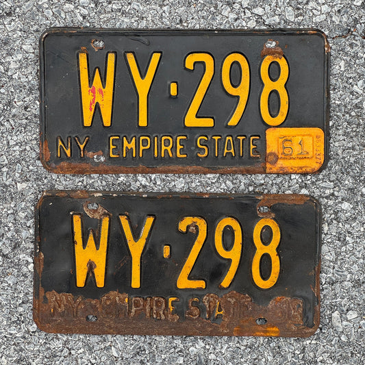 Photo of a 1960 1961 New York License Plate Pair Auto Tag Garage Decor Vintage Wyoming County WY 298