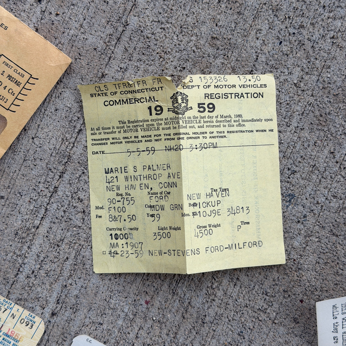 Photo of a 1960 1970 Era Connecticut Ephemera Auto Tag Garage Decor Vintage
 Ford F100 Milford CT Registration Ephemera with original patina
