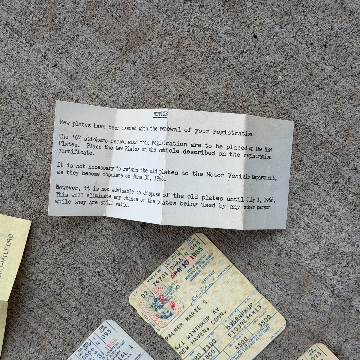 Photo of a 1960 1970 Era Connecticut Ephemera Auto Tag Garage Decor Vintage
 Ford F100 Milford CT Registration Ephemera with original patina