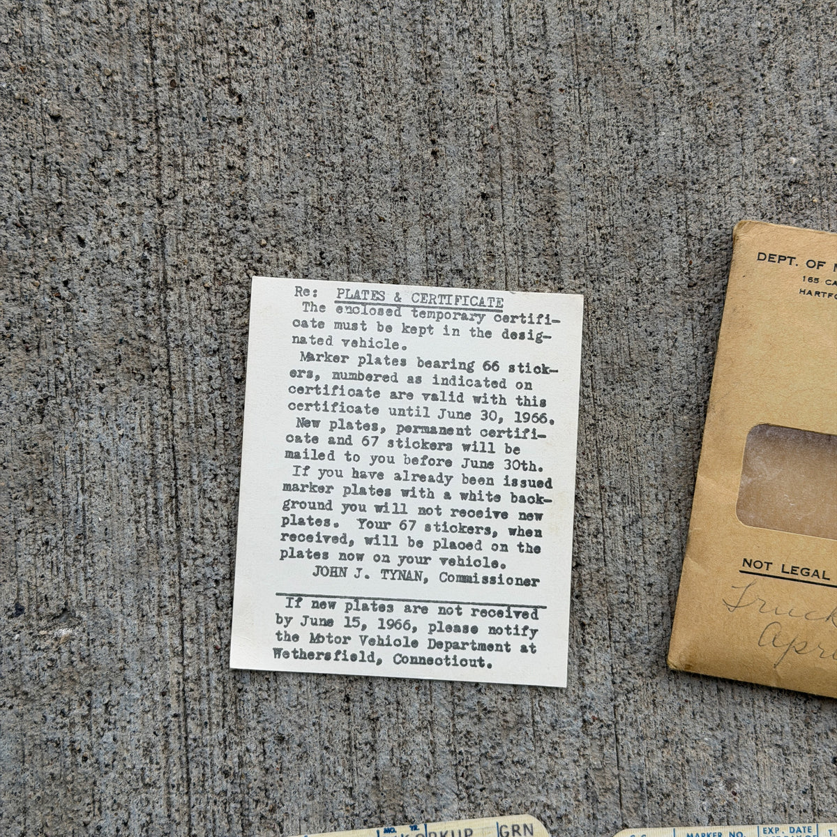 Photo of a 1960 1970 Era Connecticut Ephemera Auto Tag Garage Decor Vintage
 Ford F100 Milford CT Registration Ephemera with original patina