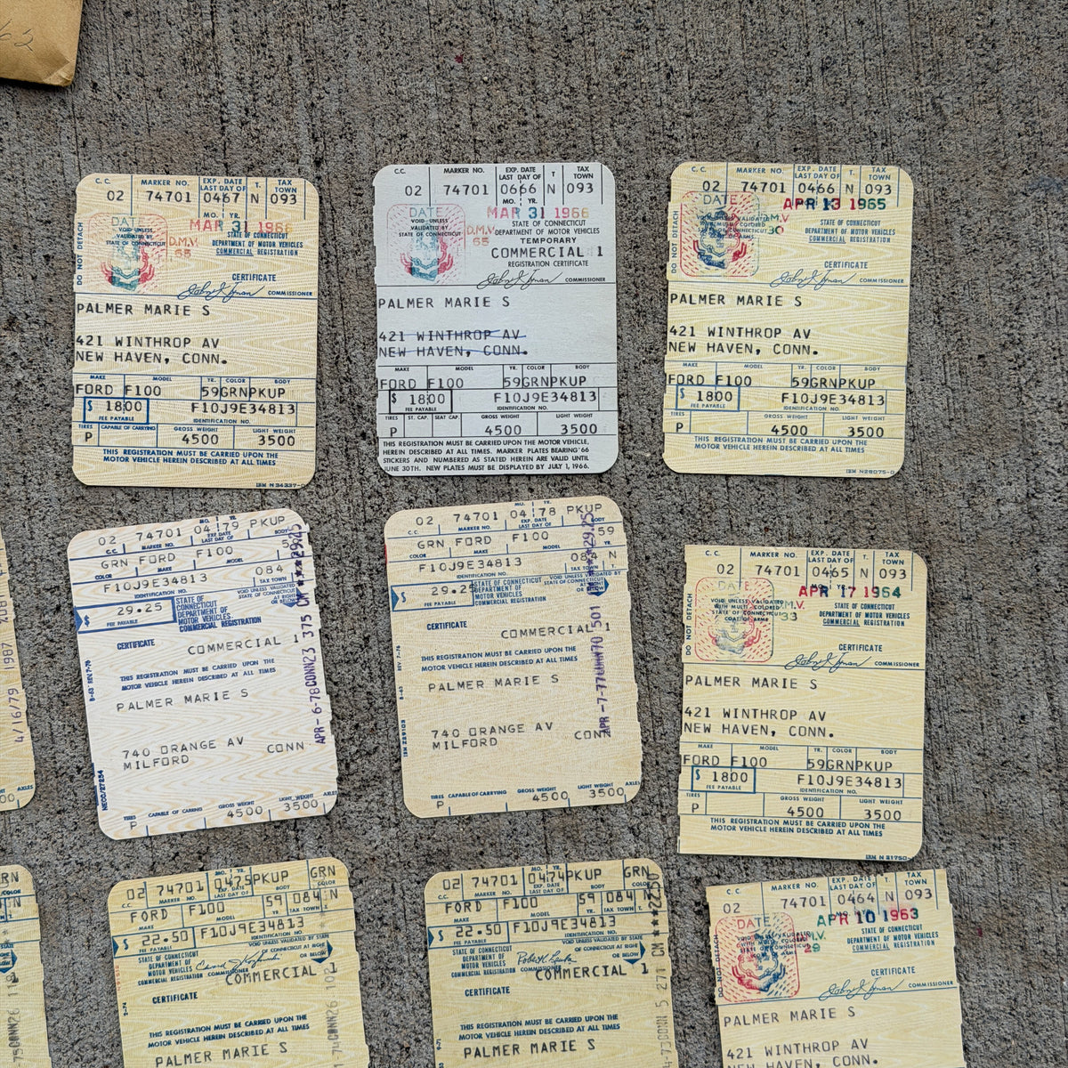Photo of a 1960 1970 Era Connecticut Ephemera Auto Tag Garage Decor Vintage
 Ford F100 Milford CT Registration Ephemera with original patina