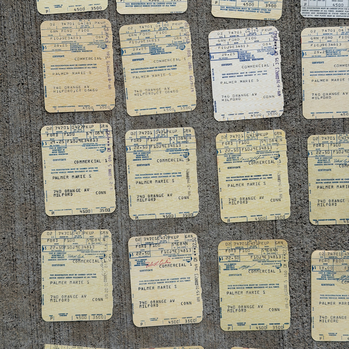 Photo of a 1960 1970 Era Connecticut Ephemera Auto Tag Garage Decor Vintage
 Ford F100 Milford CT Registration Ephemera with original patina