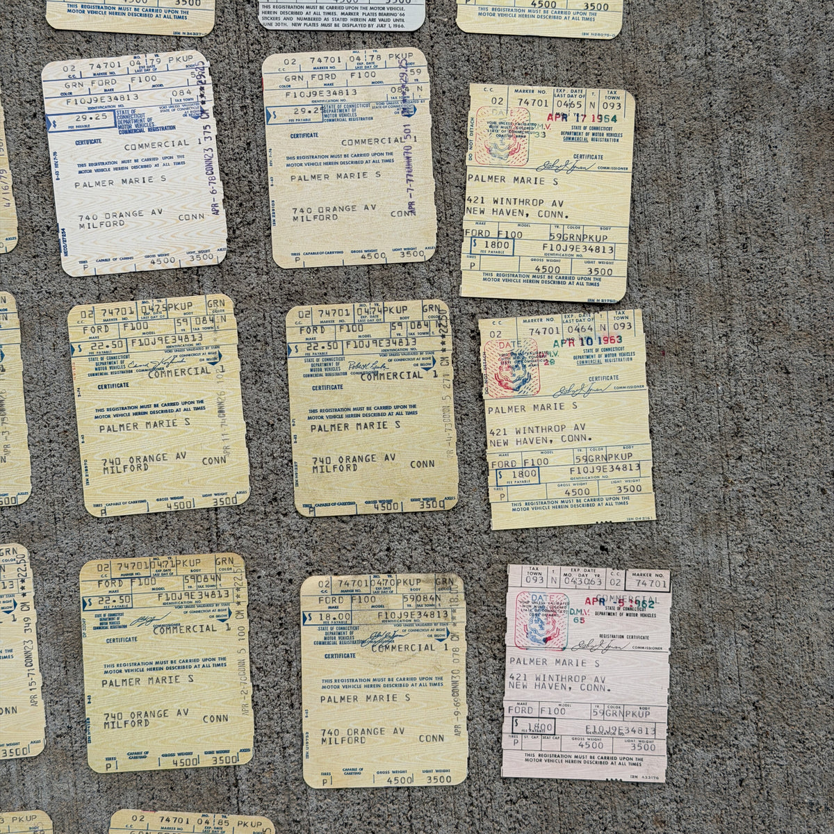 Photo of a 1960 1970 Era Connecticut Ephemera Auto Tag Garage Decor Vintage
 Ford F100 Milford CT Registration Ephemera with original patina