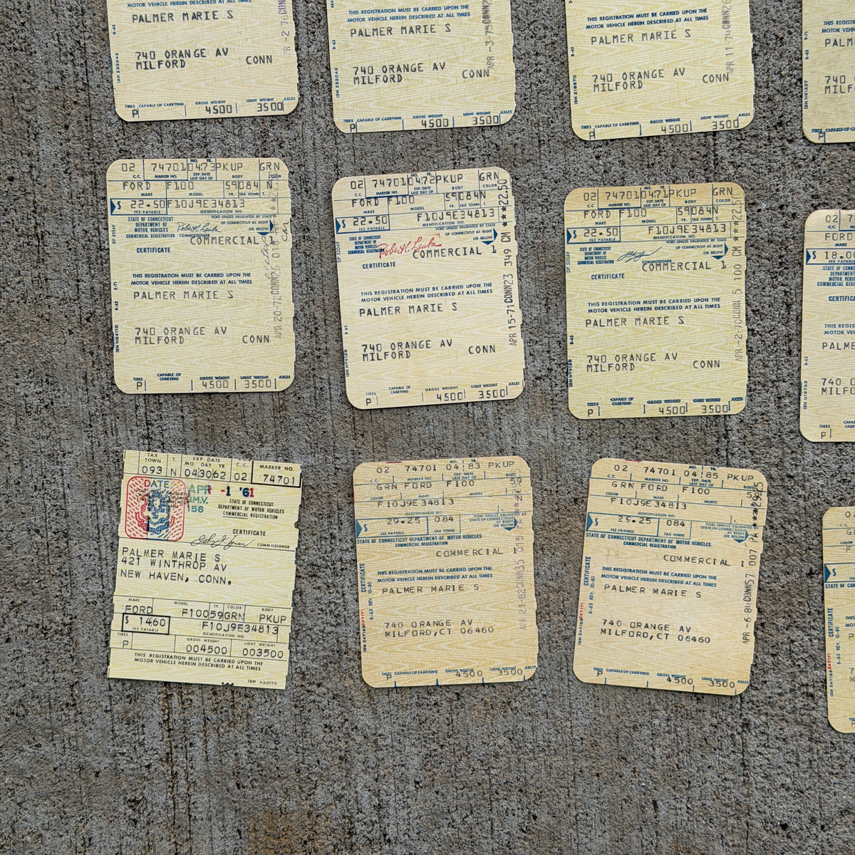 Photo of a 1960 1970 Era Connecticut Ephemera Auto Tag Garage Decor Vintage
 Ford F100 Milford CT Registration Ephemera with original patina