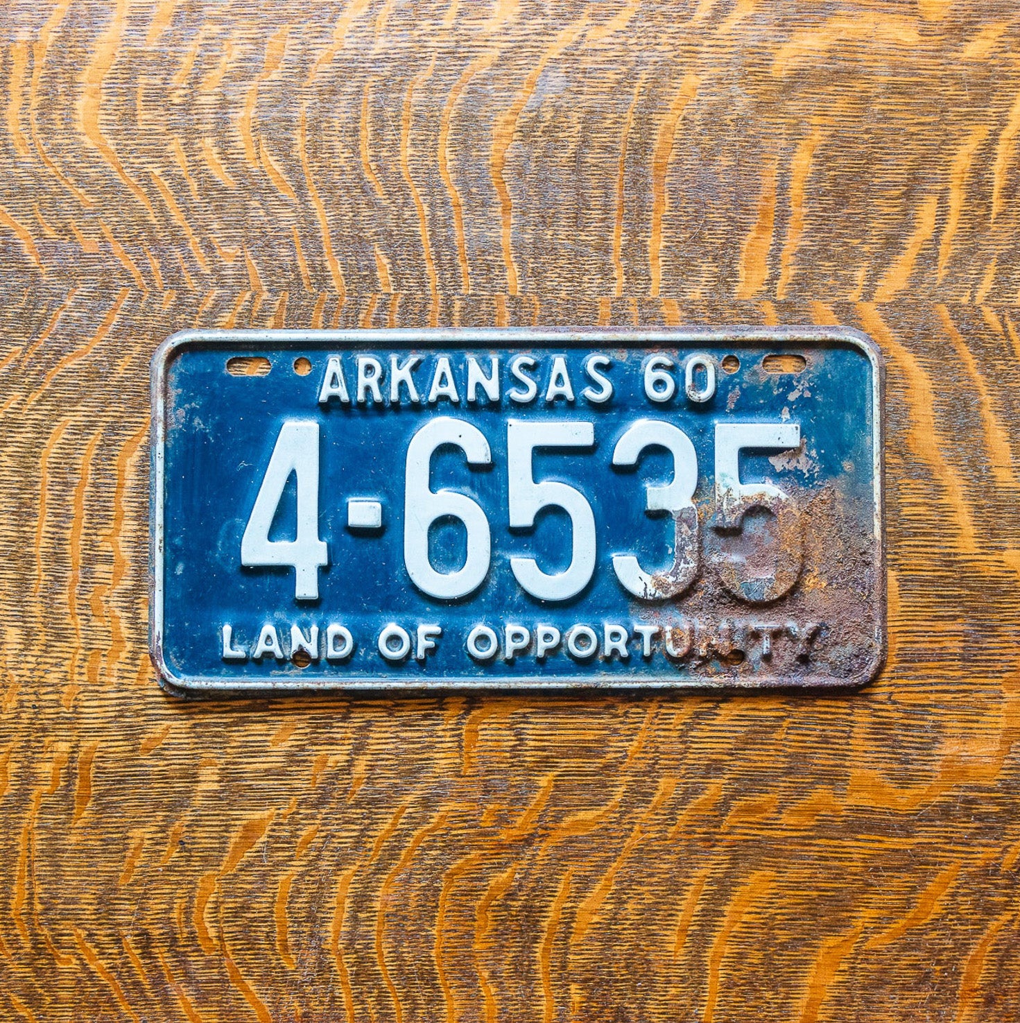 Photo of a 1960 Arkansas License Plate Auto Tag Garage Decor Vintage 4 6535 with original patina