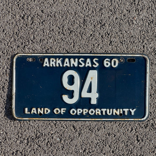 Photo of a 1960 Arkansas License Plate Auto Tag Garage Decor Vintage Low Number Two Digit 94 with original patina