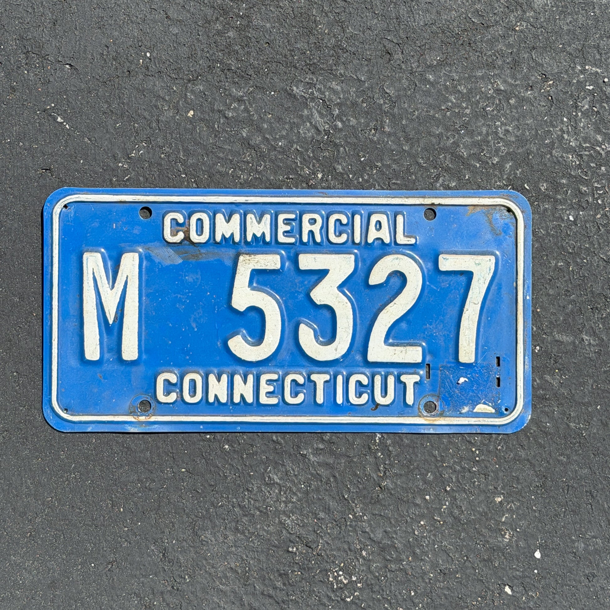 Photo of a 1960 Connecticut Commercial License Plate Auto Tag Garage Decor Vintage M 5327 with original patina