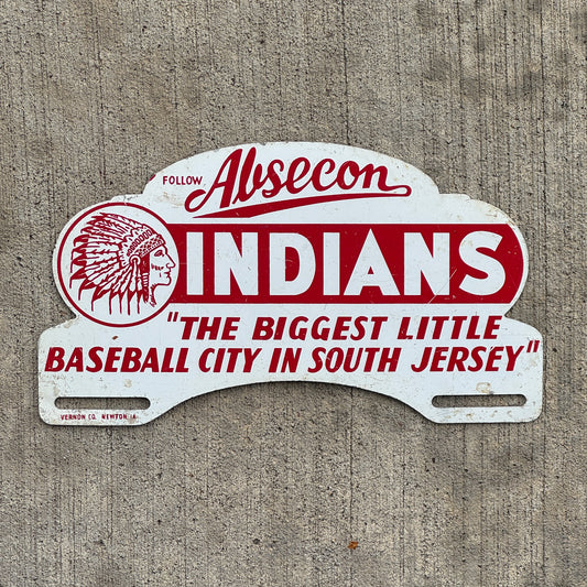Photo of a 1960 Era Absecon New Jersey License Plate Topper Auto Tag Garage Decor Vintage Native American Indians Baseball City with original patina