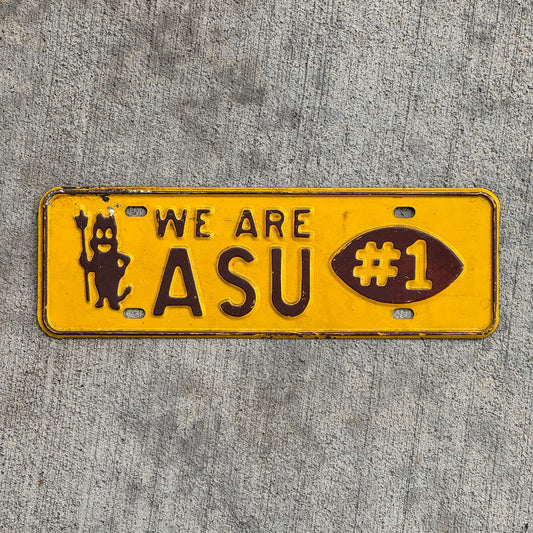 Photo of a 1960 Era Arizona State University ASU Arizona License Plate Topper Auto Tag Garage Decor Vintage Football College Sports with original patina