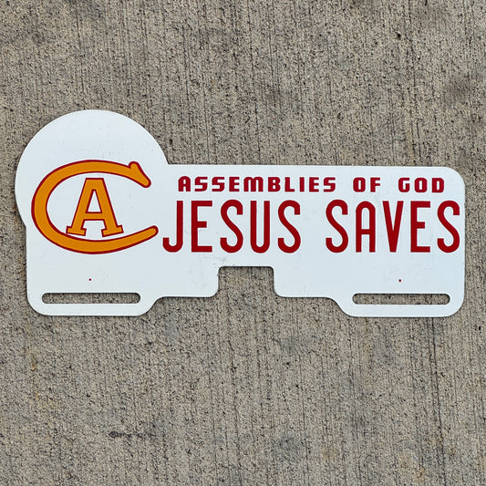 Photo of a 1960 Era Christ for All Assembies of God License Plate Topper Auto Tag Garage Decor Vintage Jesus Saves with original patina