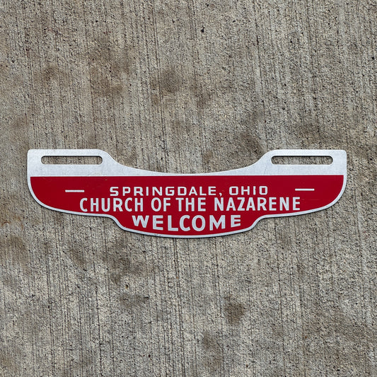 Photo of a 1960 Era Church of Nazarene Springdale Ohio License Plate Topper Auto Tag Garage Decor Vintage Springfield OH with original patina