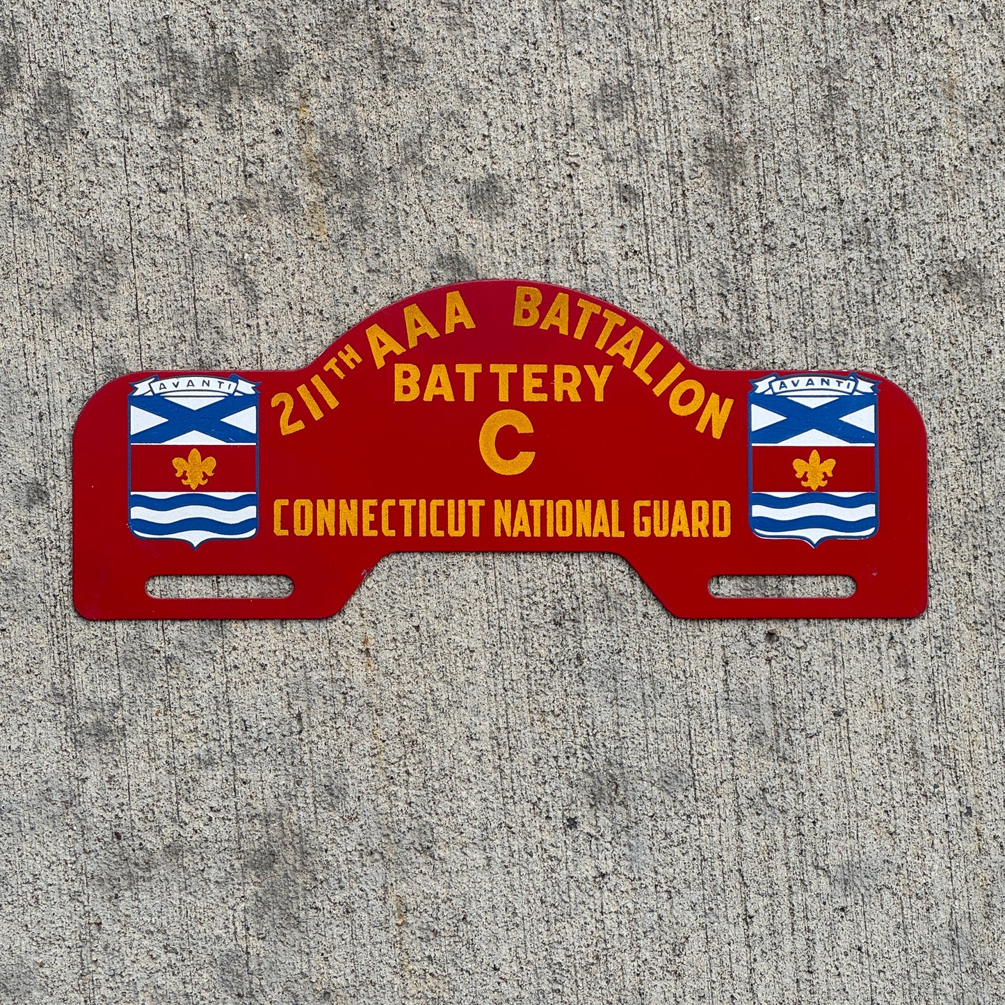 Photo of a 1960 Era Connecticut National Guard License Plate Topper Auto Tag Garage Decor Vintage 211th AAA Battalion Battery C with original patina
