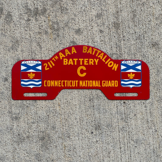 Photo of a 1960 Era Connecticut National Guard License Plate Topper Auto Tag Garage Decor Vintage 211th AAA Battalion Battery C with original patina